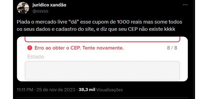 A ação do cupom de R$ 1000 do Mercado Livre gerou muitas reclamações (Imagem: Reprodução)