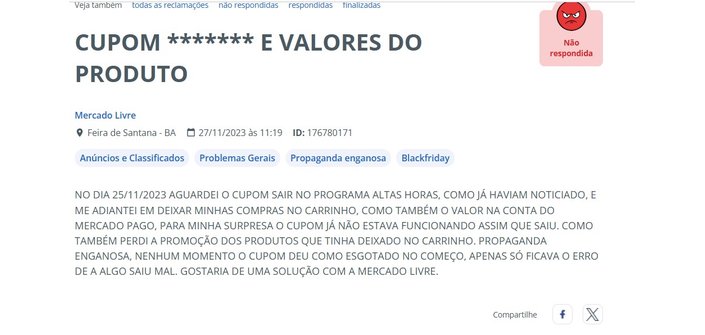 A ação do cupom de R$ 1000 do Mercado Livre gerou muitas reclamações (Imagem: Reprodução)