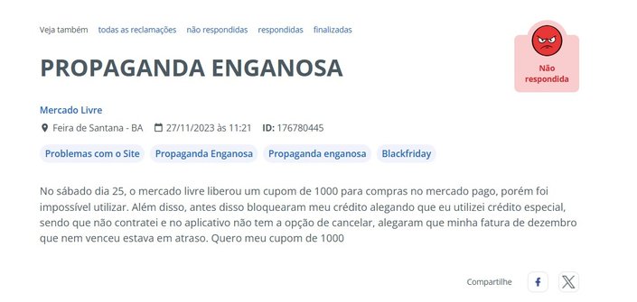 A ação do cupom de R$ 1000 do Mercado Livre gerou muitas reclamações (Imagem: Reprodução)