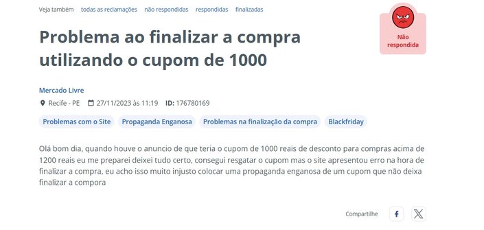 A ação do cupom de R$ 1000 do Mercado Livre gerou muitas reclamações (Imagem: Reprodução)