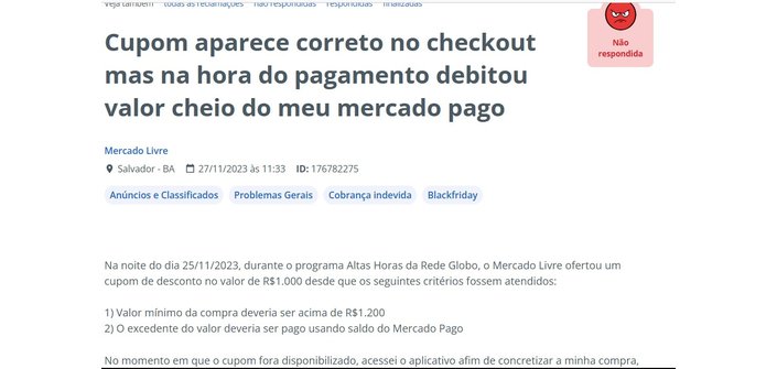 A ação do cupom de R$ 1000 do Mercado Livre gerou muitas reclamações (Imagem: Reprodução)