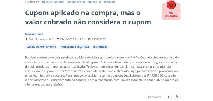 A ação do cupom de R$ 1000 do Mercado Livre gerou muitas reclamações (Imagem: Reprodução)