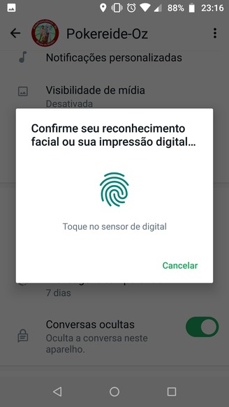 Confirme a sua impressão digital nesta tela para acessar as conversas escondidas usando sua identificação.