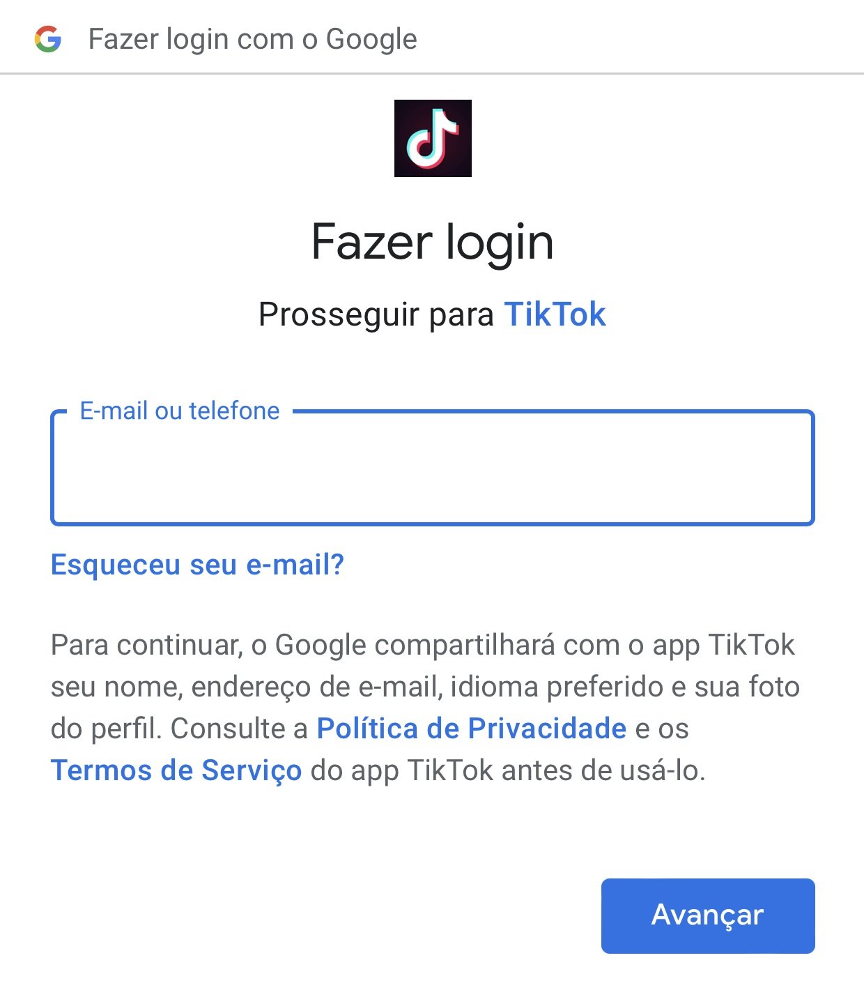 Também é preciso logar na sua conta Google para associá-la ao TikTok