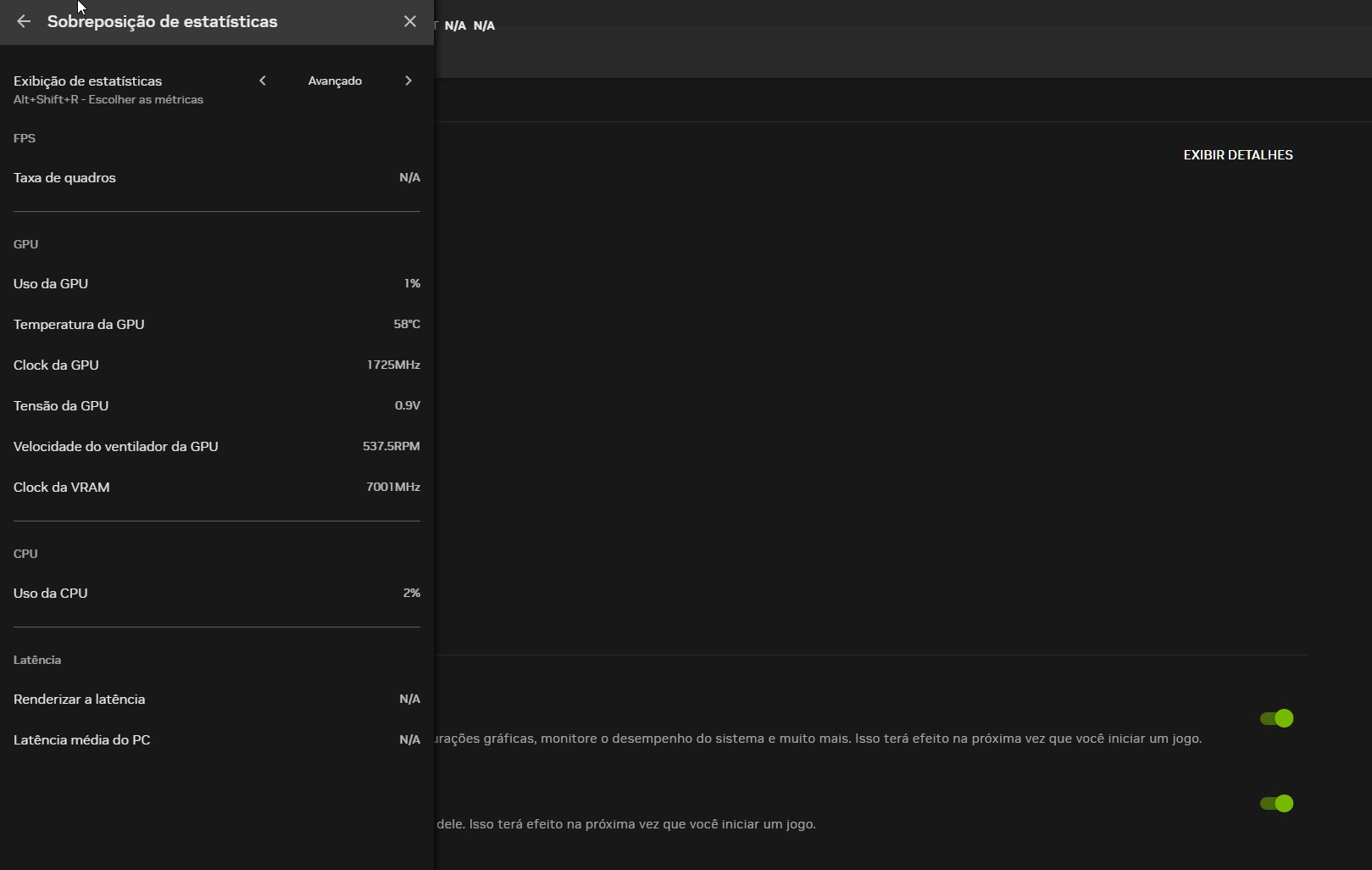 Configurações de monitoramento do hardware