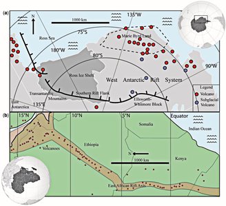 Localização dos vulcões (círculos vermelhos) do Sistema de Rift da Antártica Ocidental.