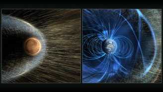 Diferente da Terra, Marte não possui um campo magnético para proteger sua atmosfera e superfície do vento solar.