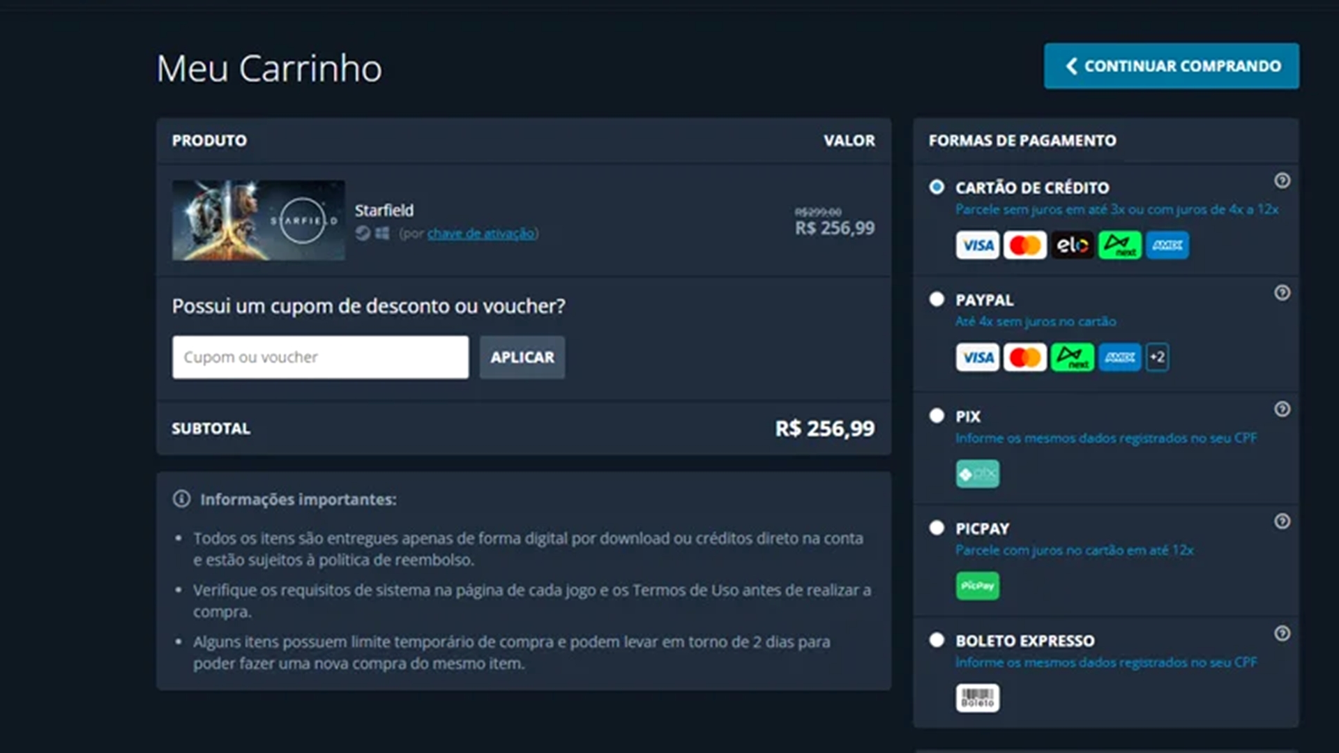 Você pode parcelar suas compras sem juros na Nuuvem em até 4x no PayPal ou 3x no cartão de crédito.