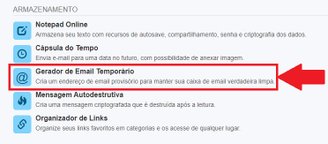 É preciso descer a tela para encontrar a opção "Gerador de Email Temporário".