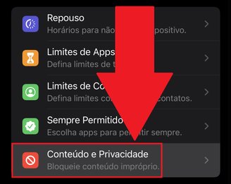 É preciso descer a tela até encontrar a opção "Conteúdo e Privacidade".