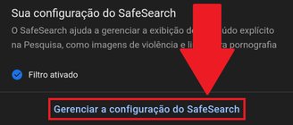 Aperte em "Gerenciar a configuração do SafeSearch" para configurar os resultados da busca.