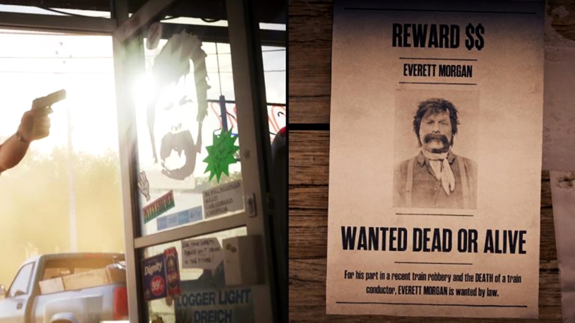 Rosto de Everett Morgan no vidro da loja de conveniência à esquerda e seu cartaz de procurado em Red Dead Online à direita.