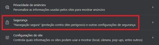 Clique em "Segurança" para seguir com o procedimento.