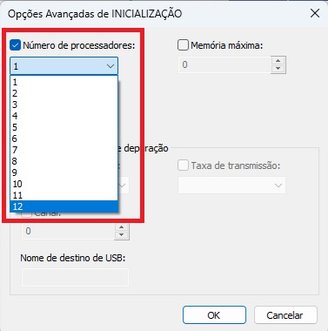 Marque a caixa de opção e selecione o número máximo para ativar todos os núcleos do processador.