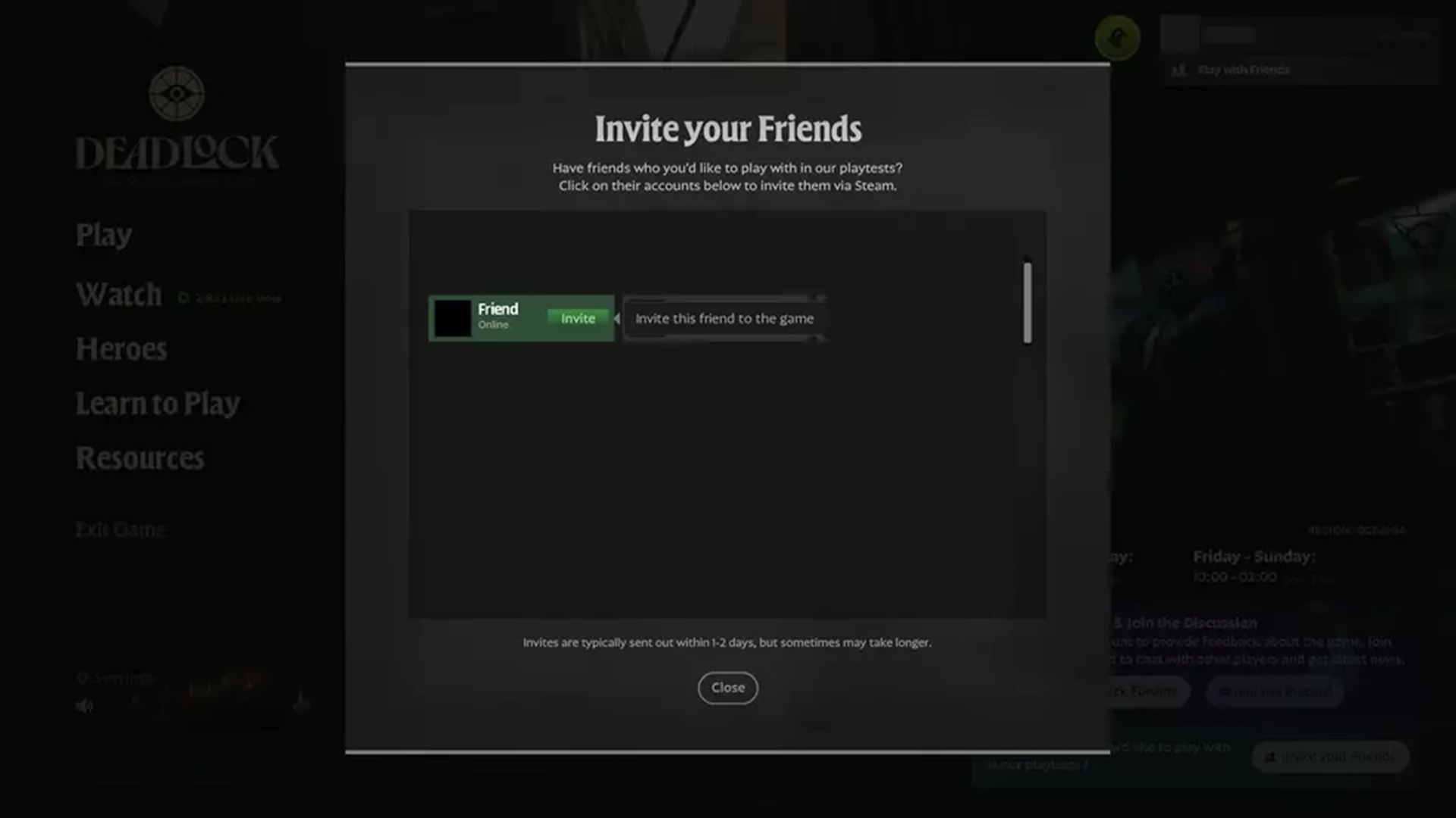 Caso tenha acesso ao Deadlock na Steam, basta ir no menu do jogo e enviar um convite para seus amigos.