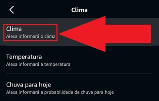 A opção "Clima" é a primeira da lista