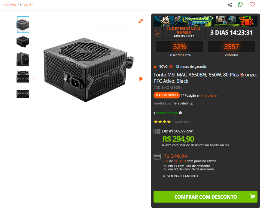 Fonte de 650W da MSI 80 Plus Bronze